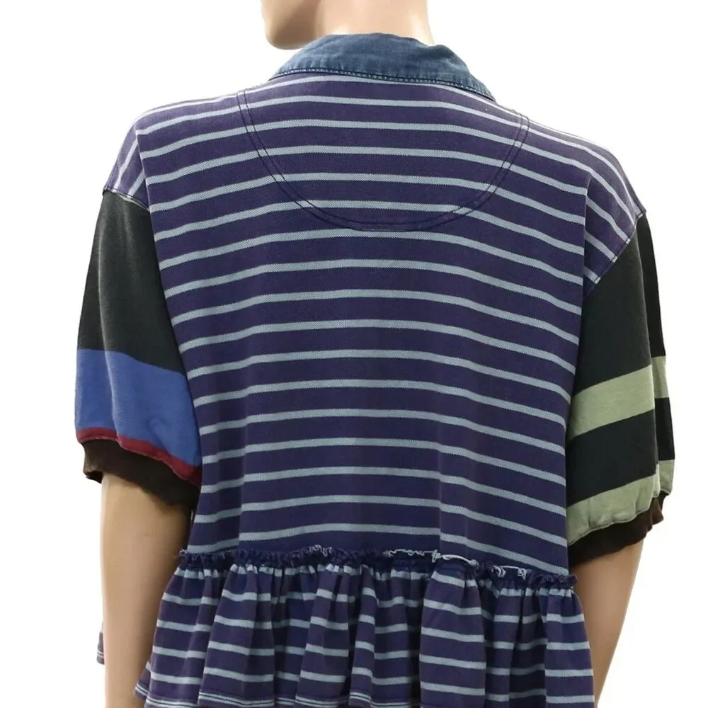 Free People Harbor Stripe Blouse Top Short Sleeves Print Ruffle Cotton S 290010